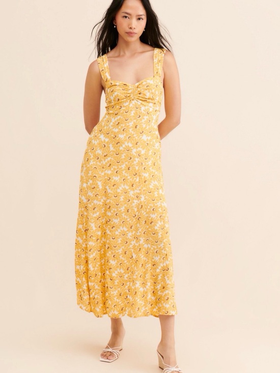 Free People Dresses & Skirts - Free People Yellow Floral Midi Dress with Sweetheart Bodice